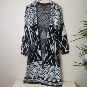 Celsius Premium | Black White Knit Open Front Aztec Pocket Cardigan Sweater L